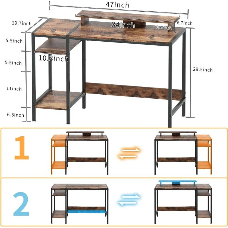 - 47” Home Office Small Desk with Monitor Stand, Rustic Writing Desk for 2 Monitors, Adjustable Storage Space, Modern Design