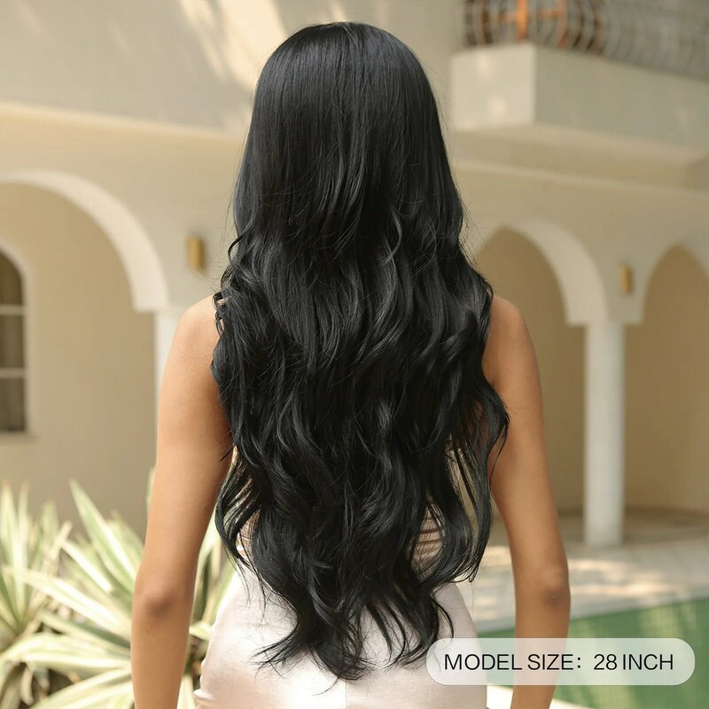 Wig hair set hot sale wig black medium parted large wavy long curly hair high temperature silk