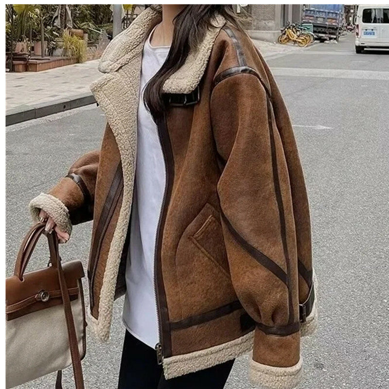 Casaco feminino de lã de cordeiro, casaco retrô de motocicleta, casaco curto quente com zíper solto e espesso, novo para outono e inverno 2022