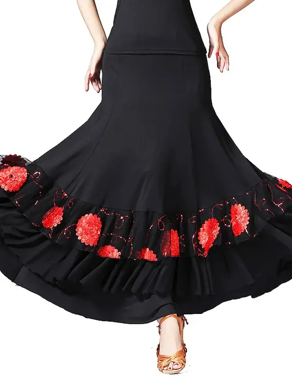 Damska sukienka do ćwiczeń balowych Flamenco hiszpańska fantazyjna ubrania taneczne na brzuch cekinowa haft w kwiaty marszczona na dużym skrzydle cygańska spódnica sceniczna