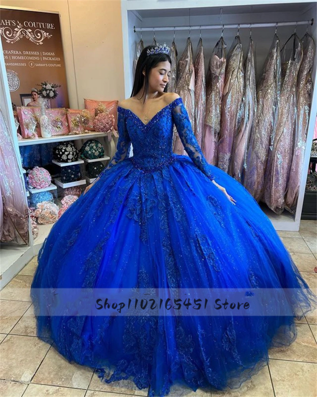 Królewska niebieska księżniczka Quinceanera sukienki koronkowe aplikacje cekiny studniówka słodka 16 sznurowana vestidos de quinceanera mexicana