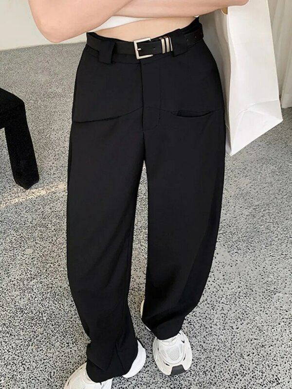 Primavera verão perna larga calças completas com cinto das mulheres 2023 nova cintura alta reta solto casual terno preto