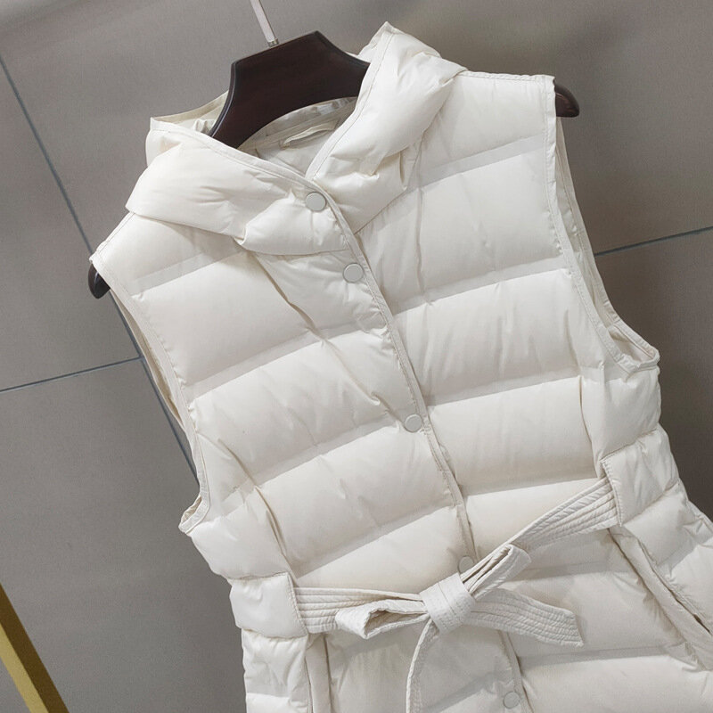 Colete feminino de pato branco, jaqueta com capuz, casaco sem mangas, parka grossa, tops de moda, 2023
