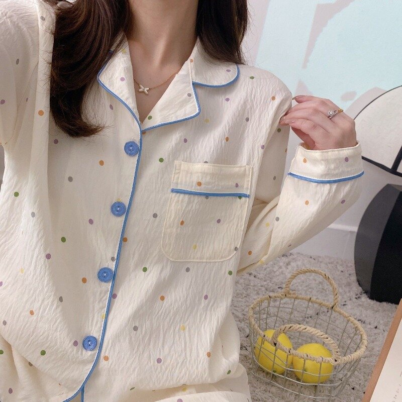 폴카 도트 긴팔 파자마 여성 라운지웨어 세트, 한국 스타일 귀여운 성장 팬츠, 용수철 가을 잠옷, 신상
