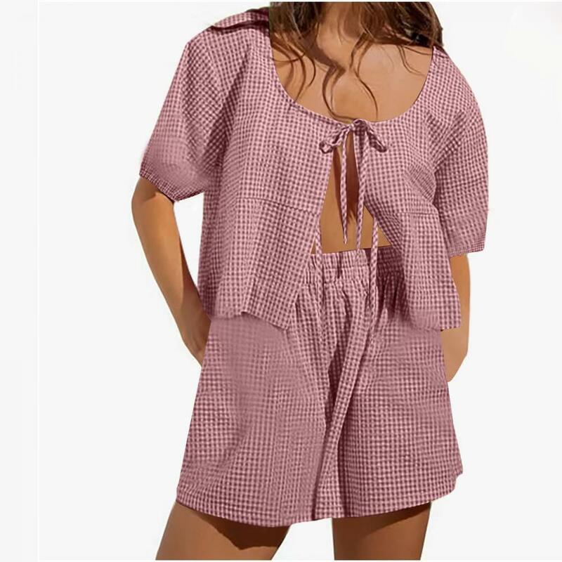 Women Fashion Loose Cropped Tops Elastic Waist Shorts Suits Causal Plaid Print Lace Up Shorts 2 Pcs Sets Summer Homewear Set