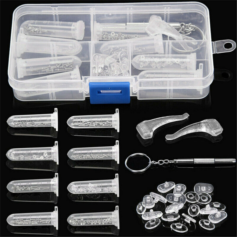 Kit de herramientas de reparación de gafas, tornillos de reparación de gafas de sol, almohadillas de tuercas, ganchos, destornillador, herramienta con caja, 1 Juego