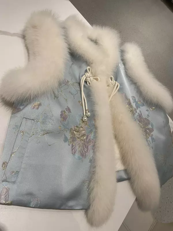 Spleißen echte Fuchs Pelz Weste 2023 Herbst Winter chinesischen Mantel weibliche junge gestrickte dicke warme bestickte Stoff jacken für Frauen