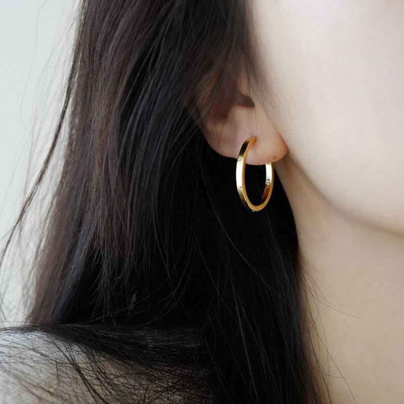 ANENJERY Metal Glossy Round Hoop Earrings for Women French Design Geometric Ear Buckle Huggies Trendy Jewelry pendientes mujer