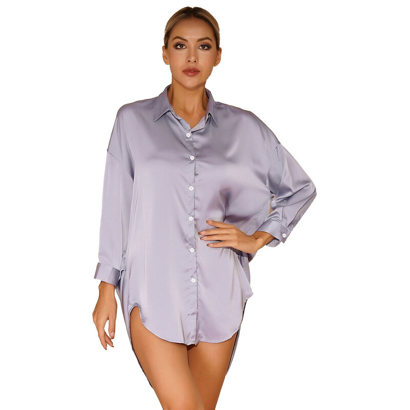 Chemise de nuit boutonnée en satin à manches longues pour femmes, chemise de nuit, pyjamas, vêtements d'intérieur, vêtements de détente, ensembles de string