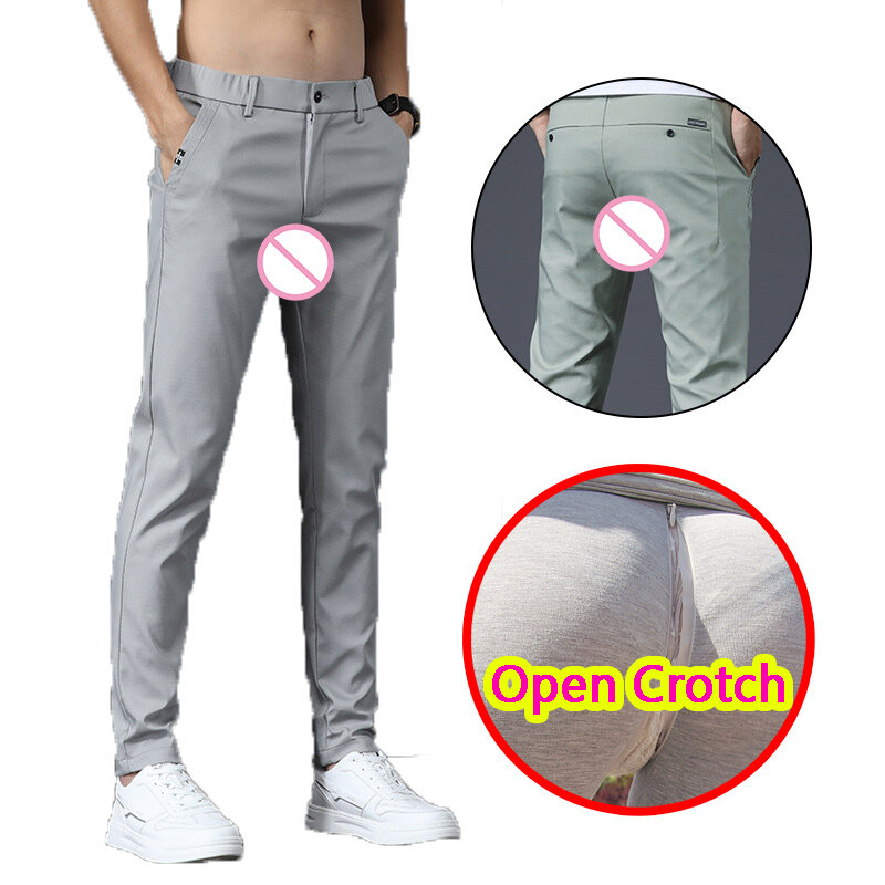 Pantaloni da uomo con apertura sul cavallo Sport cerniere nascoste pantaloni coreani elastici Gay Hot Crotchless con tasche Streetwear moda estate
