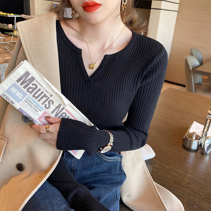 Sweter rajut kasual wanita Korea, atasan pullover kasual leher V lengan panjang musim gugur musim dingin 2023
