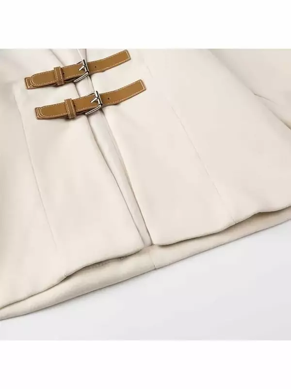 Jaket kulit PU Splice wanita, mantel Retro lengan panjang kancing atas, mantel cantik kerah V pas badan mode baru 2024