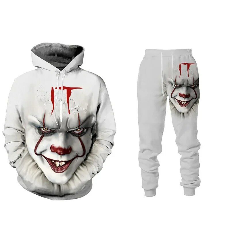 Halloween 3D Evil Clown Printed Oversize Hoodie Suit Funny Tracksuit Set Men Sweatshirt 2 Piece Autumn and Winter Men's Clothing