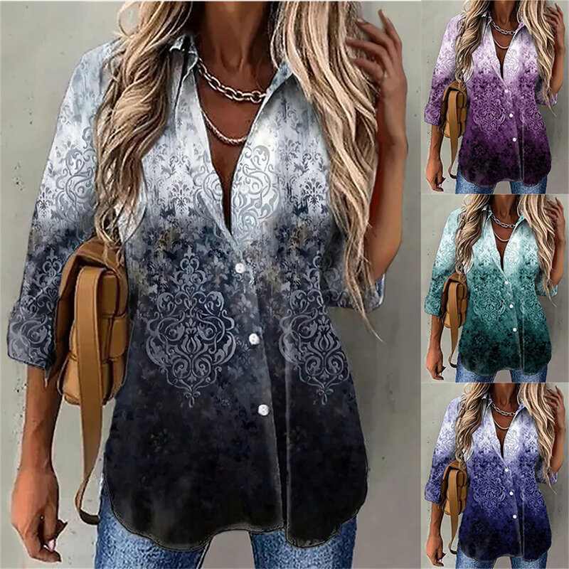 Atasan Blus Longgar Kasual Mode Wanita Kaus Kancing Kerah Turn Down Lengan Panjang Print Floral Tie Dye 3D Antik Wanita Musim Semi