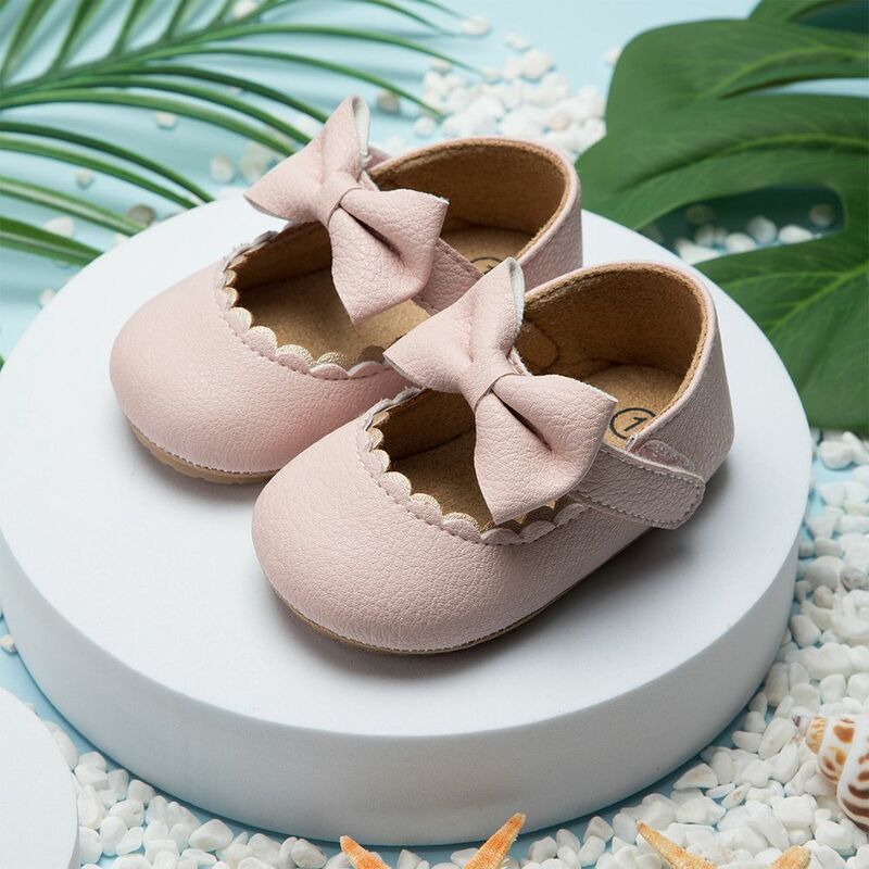 Sapatos recém-nascidos de borracha antiderrapante com bowknot para bebê, sapatos casuais de princesa para criança, couro PU, first walkers