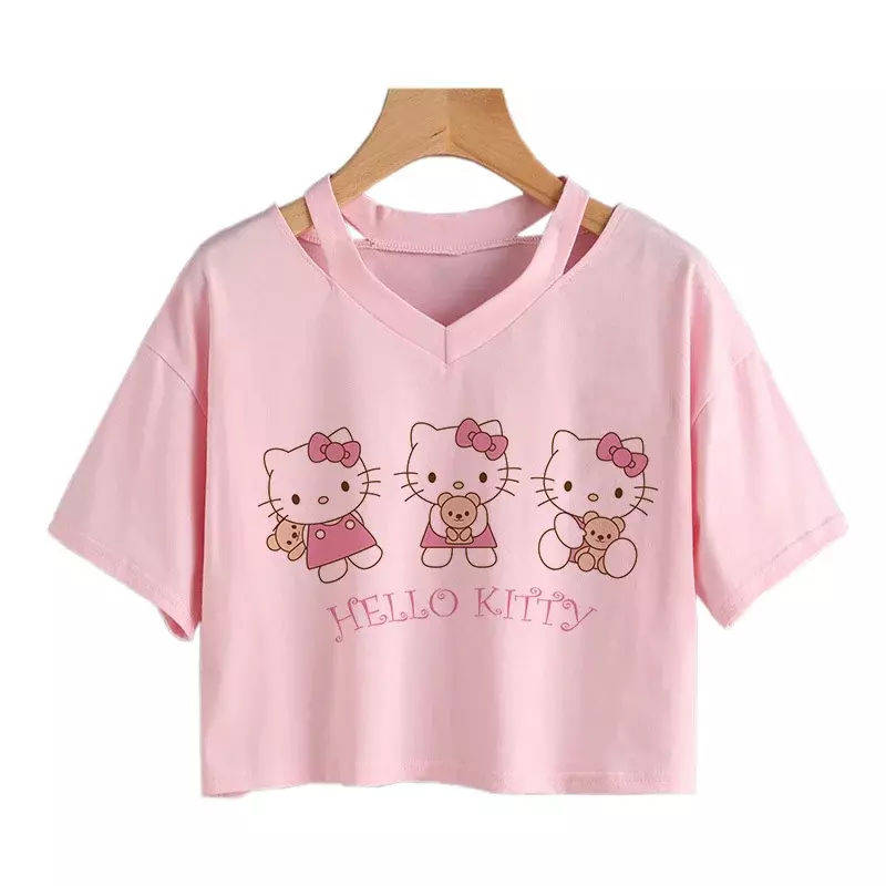2024 Fashion Crop Top Hello Kitty T-Shirt Kawaii T Shirt Sanrio Casual Tshirt vestiti Y2k Cropped Tee Shirt Top