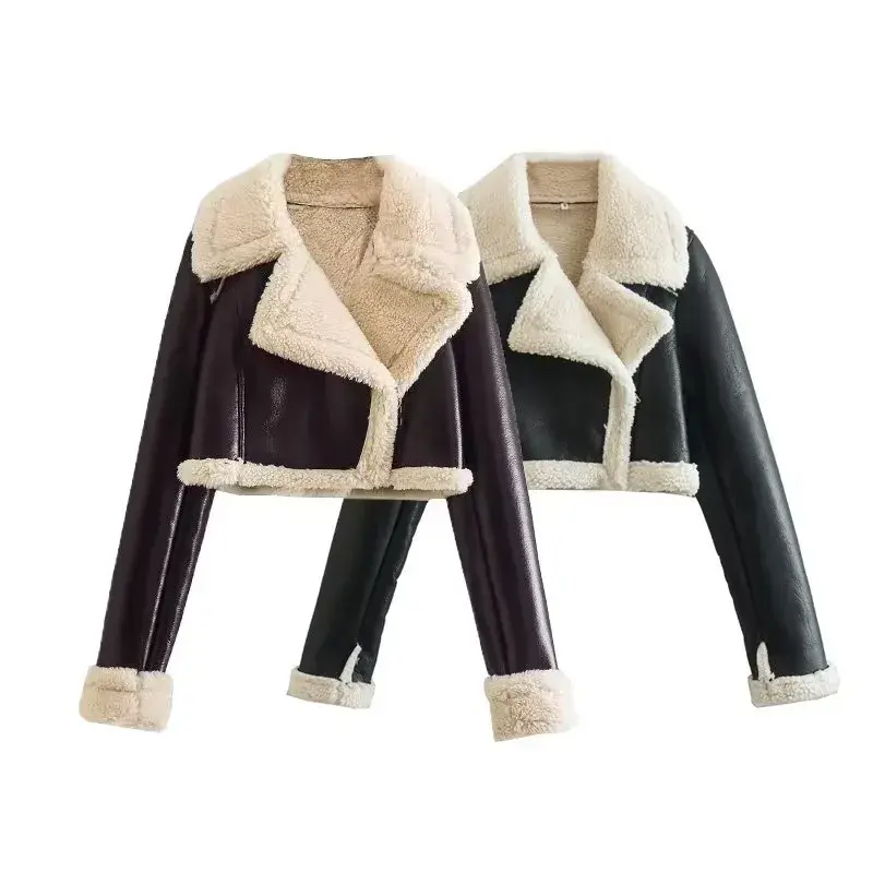 Modna dwustronna krótka kurtka damska ciepła gruba klapa płaszcz z owczej wełny jesienno-zimowa damska eleganckie koszule z polaru w stylu Vintage
