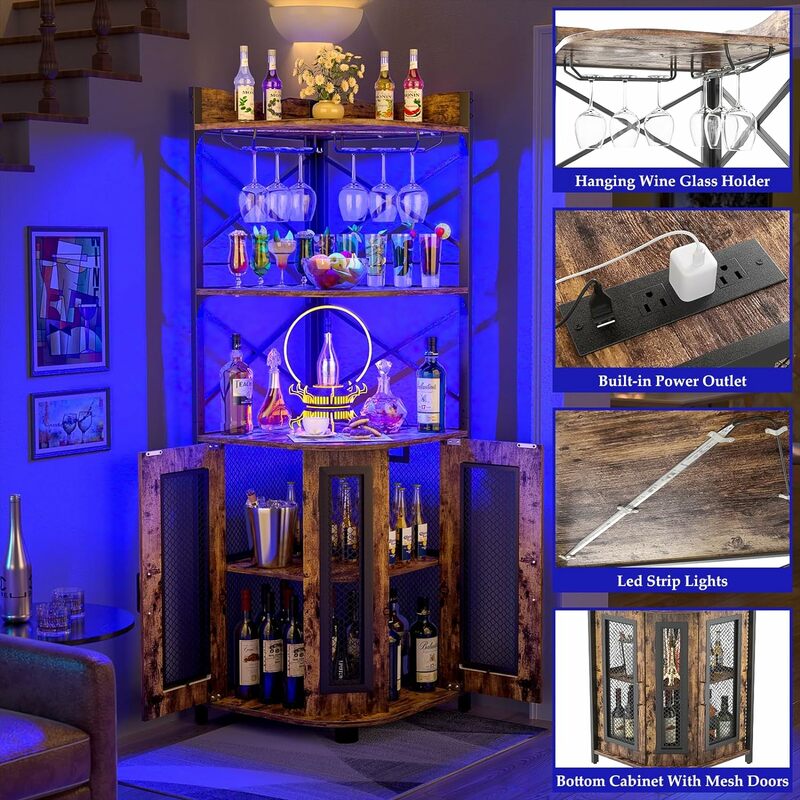 Corner Bar Cabinet with Power Outlet, Industrial Wine Cabinet with LED Strip and Glass Holder, 5-Tiers Liquor Bar Unit for Home