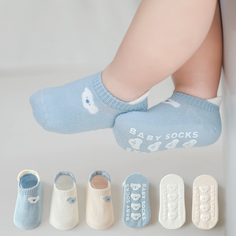 Modamama 3 pezzi Set calzini da pavimento antiscivolo per bambini estivi calzini alla caviglia per bambini in cotone pettinato tinta unita calzini da pavimento per bambini con suola in Silicone