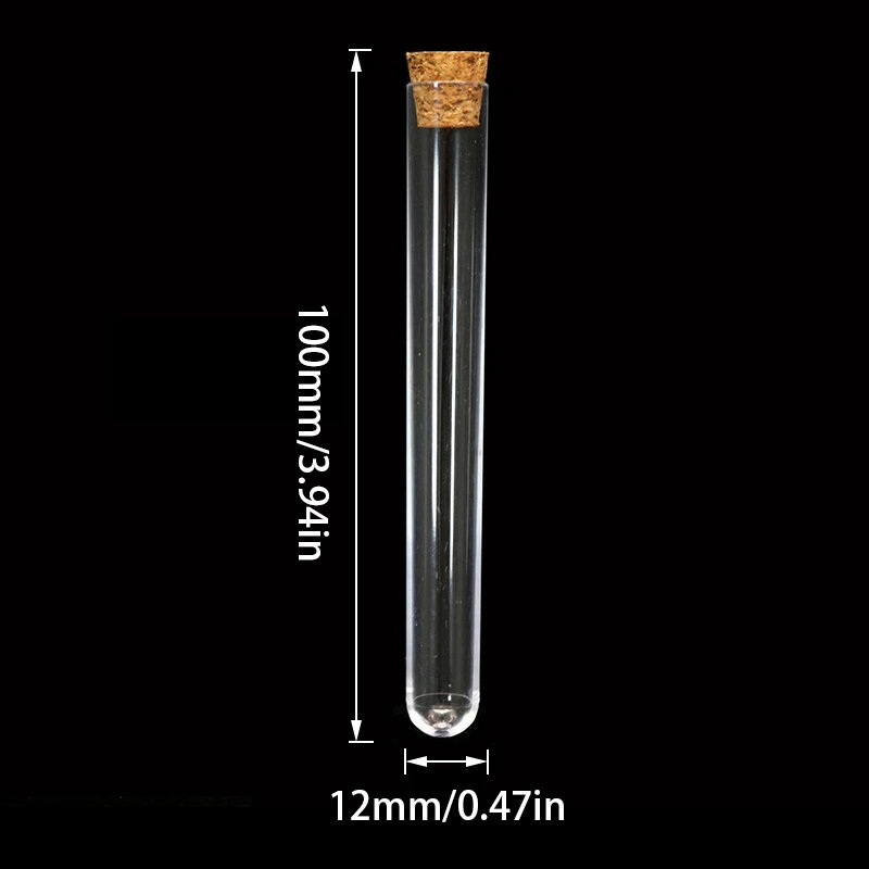 10pcs 12x100mm Plastic Test Tubes With Cork Stopper Transparent   Round Bottom Tube School Laboratory Supplies Accessories