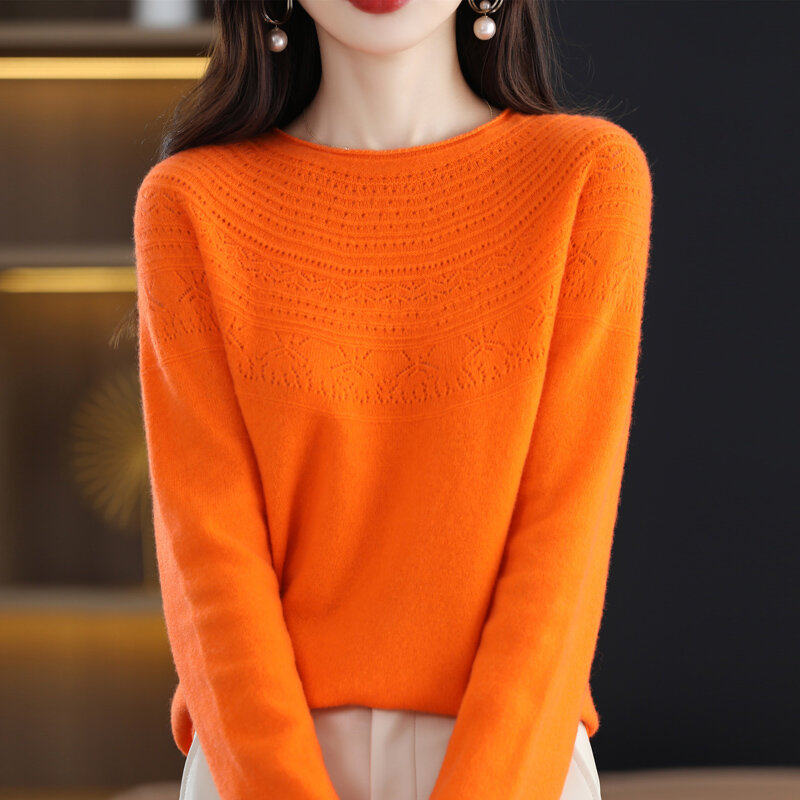 Suéter de cuello redondo sin costuras para mujer, suéter de punto hueco que combina con todo, estilo occidental, otoño e invierno, 2022
