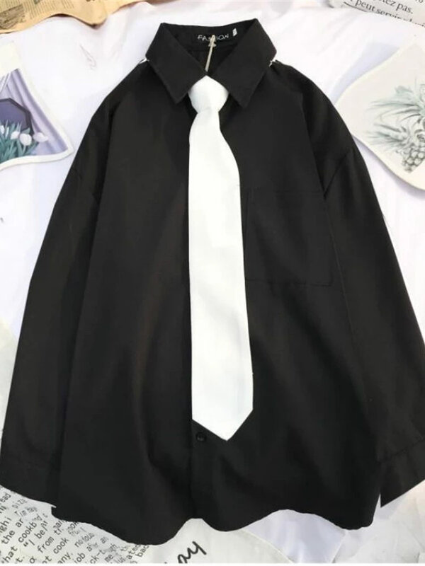 Blusa de manga larga holgada para mujer, camisa informal de gran tamaño con cuello vuelto, color blanco y negro, Top Vintage, Primavera