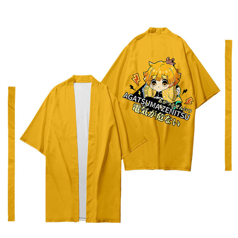 Demon Slayer-camisa Kimono 3d de Agatsuma Zenitsu para hombre y mujer, ropa de moda Anime japonés, cárdigan de manga de siete puntos, 4XL