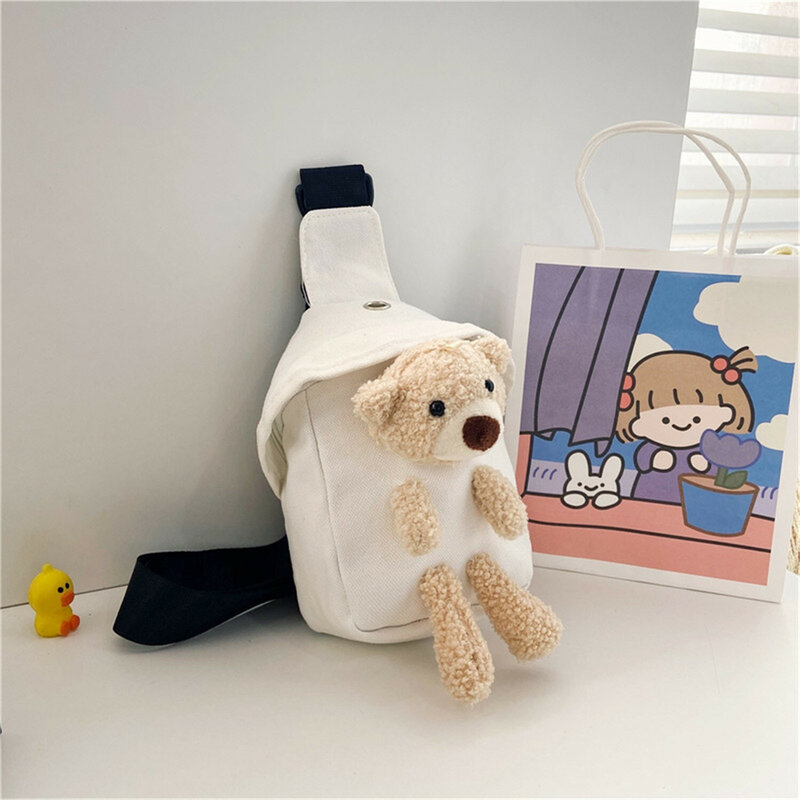 Детская нагрудная сумка с милым плюшевым медведем, холщовые Дизайнерские Сумочки на ремне, забавные уличные поясные мешки на молнии