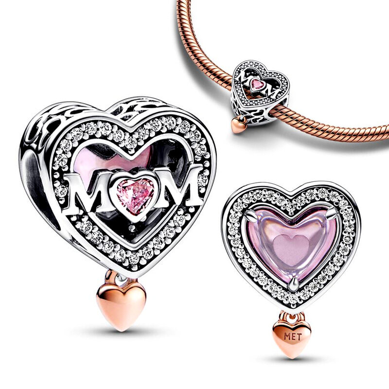 Romántico abalorio de plata de ley S925 con forma de corazón, para familia, mamá, papá, esposa, hermana, amiga, compatible con pulsera Pandora, regalo de joyería