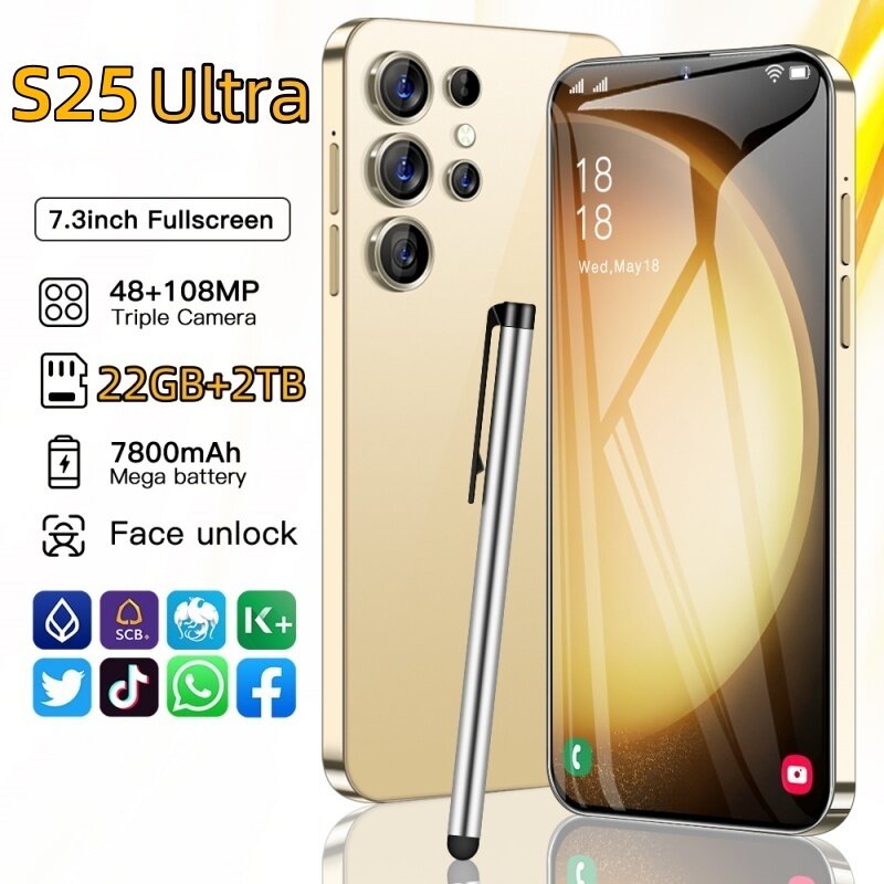 S25 Ultra 7.3 HD Screen Smart Phone, telefones celulares Android, Dual Sim, 7,3 ", 22G + 2T, 5G, desbloqueado, 108MP, 7800mAh, original
