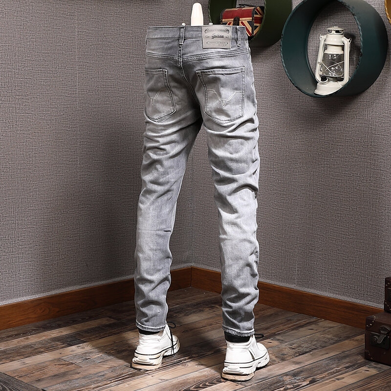 Europejski Vintage modne dżinsy męskie Retro szary wysokiej jakości elastyczny Slim Fit porwane jeansy mężczyźni dorywczo projektant spodnie dżinsowe Hombre