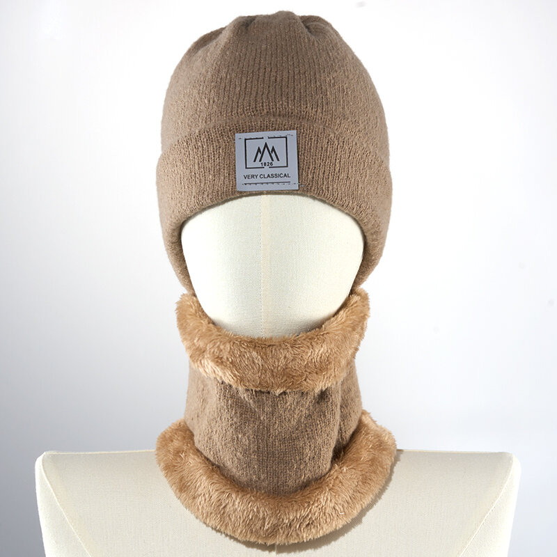 Damski ochrona słuchu jednolity kolor czapka czapka szalik zestaw kapeluszy wełniany kapelusz dzianinowy polar podszewką szyja cieplej wiatroszczelny zagęszczony