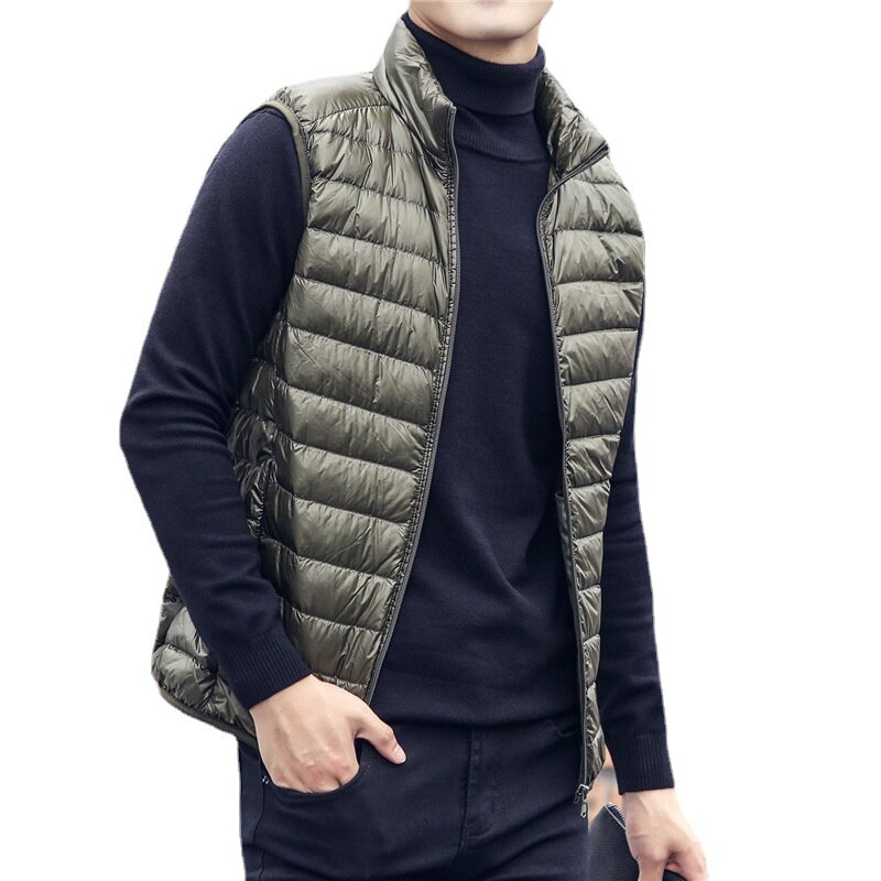 Camisola de alças portátil masculina, ultra leve, solta, pescoço em pé, colete acolchoado à prova de vento, outono e inverno