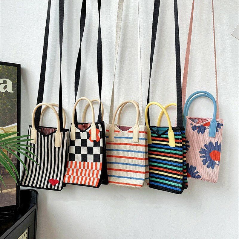 Bolsa de malha artesanal para mulheres, Bolsa crossbody de cores doces, Bolsas japonesas casuais geométricas para telefone móvel, Bolsa de água estudantil
