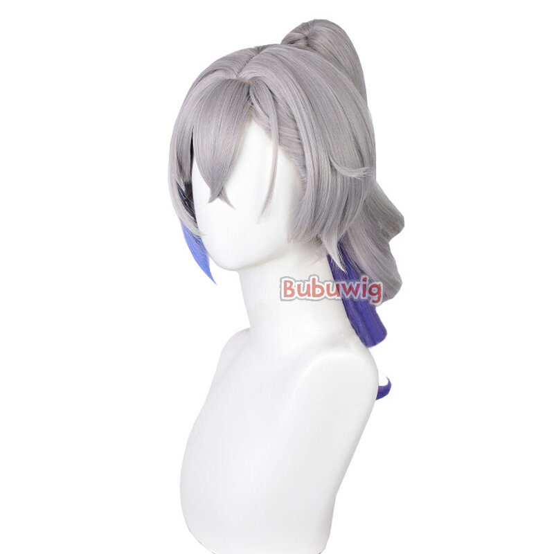 Bubuwig Synthetic Hair Silver Wolf Cosplay Wigs Honkai: Star Rail Silver Wolf 41cm Grey Mixed Blue Ponytail Wig Heat Resistant
