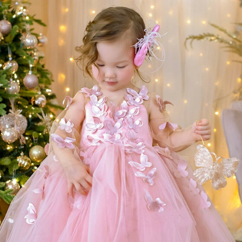 Vestido florido fofo para meninas, tule rosa, Applique 3D, manga cheia com laço, primeiro vestido de festa eucarística infantil