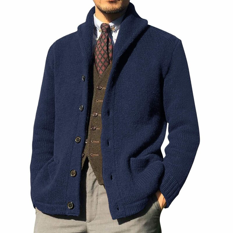 Cardigã masculino de malha de peito único, suéter de inverno, gola alta, jaquetas masculinas, casacos estilo britânico