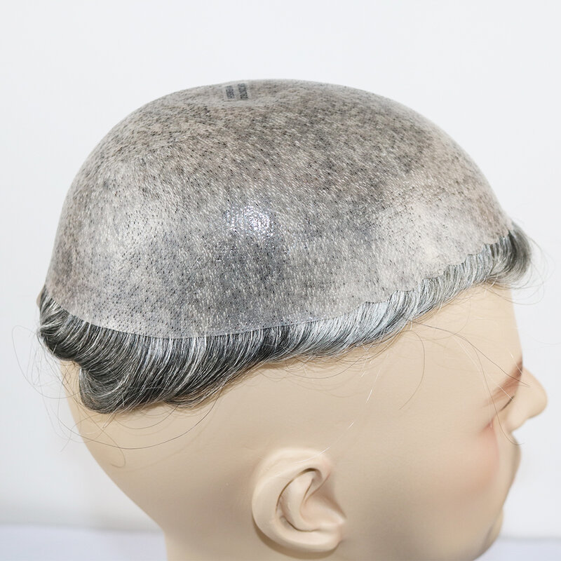 Toupee Base PU completa para homens, cabelo humano grisalho, sistemas de cabelo duráveis, pele fina capilar, prótese