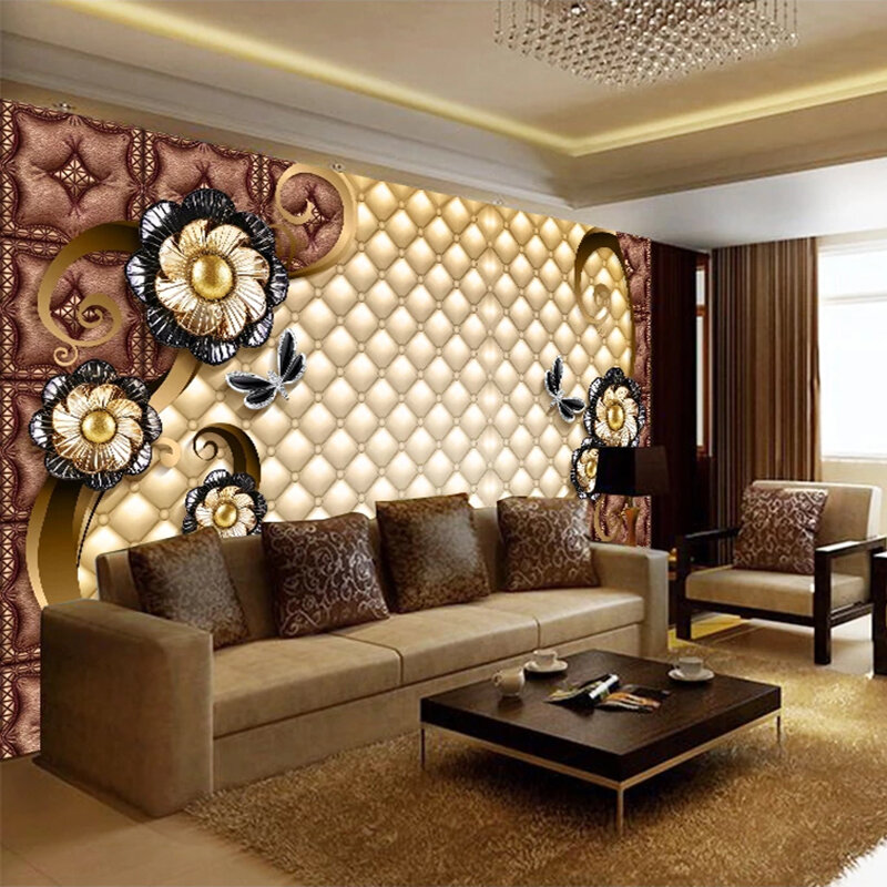 Kustom Foto Mural Hitam Mewah Perhiasan Bunga Lembut Tas Latar Belakang TV Lukisan Dinding Ruang Tamu Kamar Tidur 3D Timbul Wallpaper
