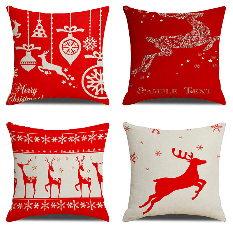 Merry Christmas Tree Reindeer Snowflak Print Soft Square Pillowslip Linen Blend Cushion Cover Pillowcase Living Room Home Decor
