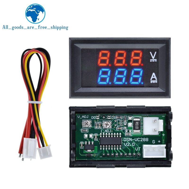 TZT DC 0-100V 10A Digital Voltmeter Ammeter Dual Display Detektor Tegangan Panel Meter Arus Amp Volt Gauge 0.28 "Merah Biru LED