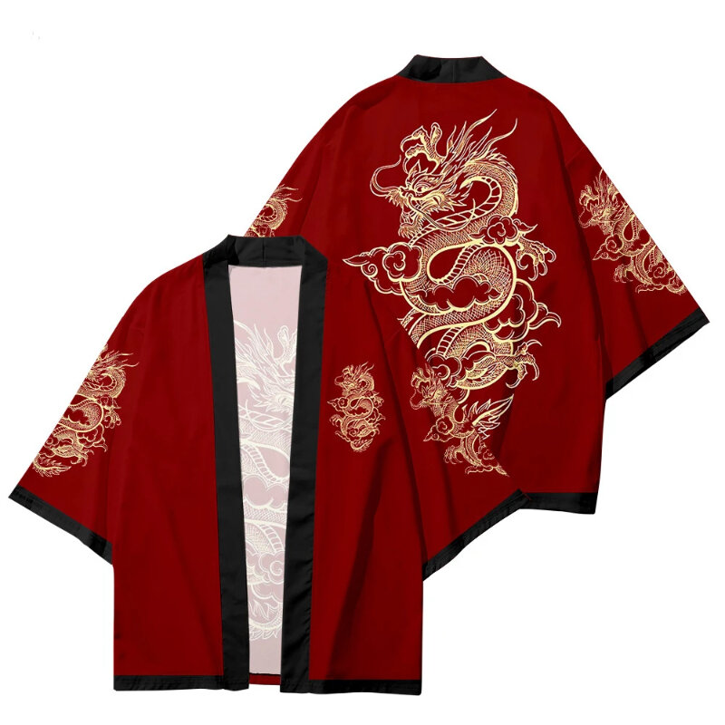 2024 3D gambar naga mode kardigan Jepang Haori wanita gaun Asia tradisional Cosplay kemeja merah Kimono pantai Harajuku