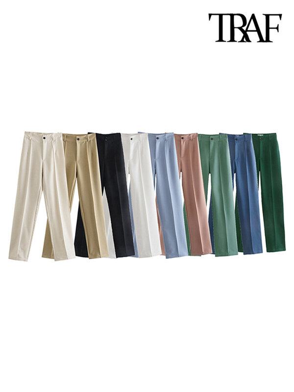 TRAF-Pantalones rectos de cintura alta con cremallera para Mujer, ropa de oficina, elegante, Vintage