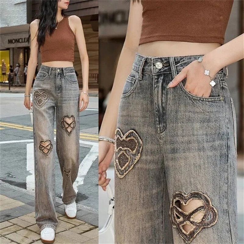 Женские джинсы с вырезами на весну и лето, женские свободные широкие брюки с вышивкой, женские прямые джинсовые брюки-цилиндры с высокой талией