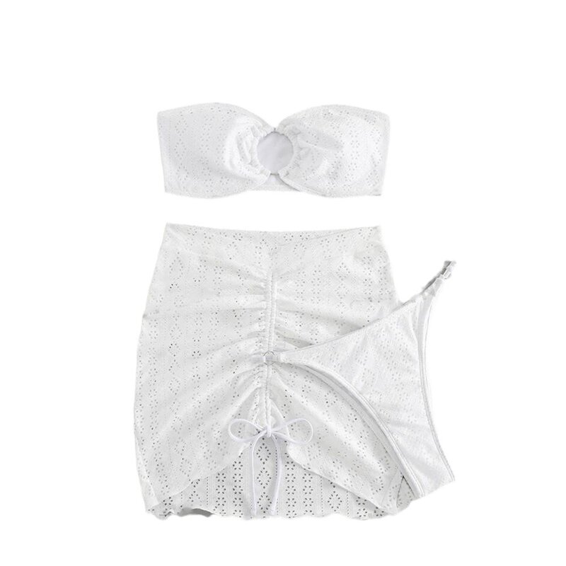 Nowy zestaw 3 sztuk strój kąpielowy kobiety stringi stroje kąpielowe seksowne Bikini mikro z Sarong spódnice biały strój kąpielowy basen