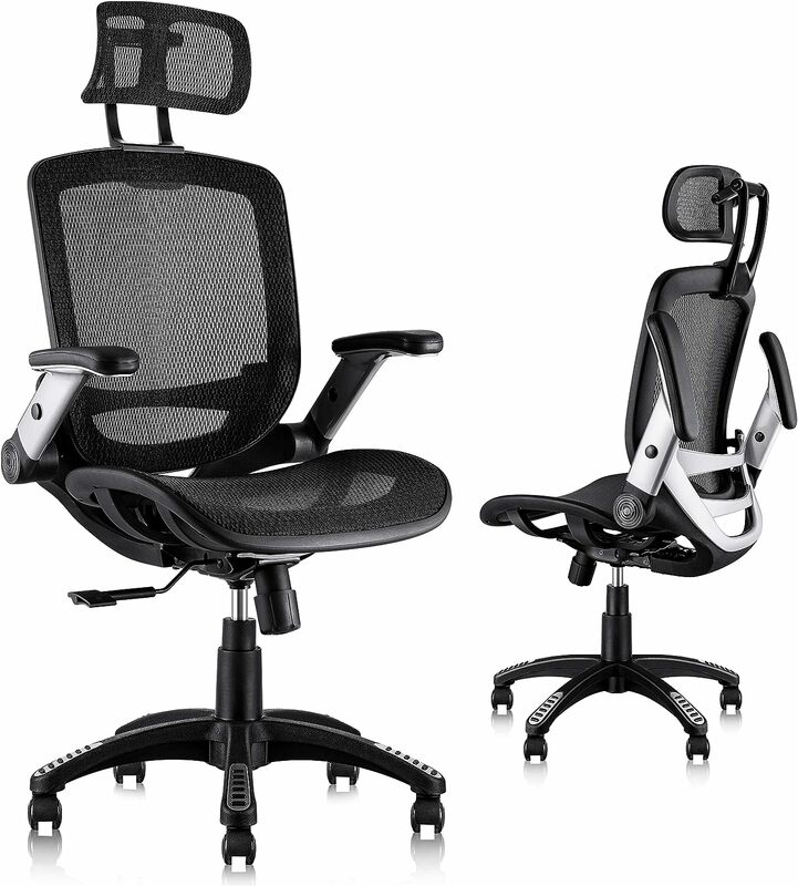 Cadeira ergonômica de escritório Mesh, encosto de cabeça ajustável com braços flip-up, função de inclinação, apoio lombar