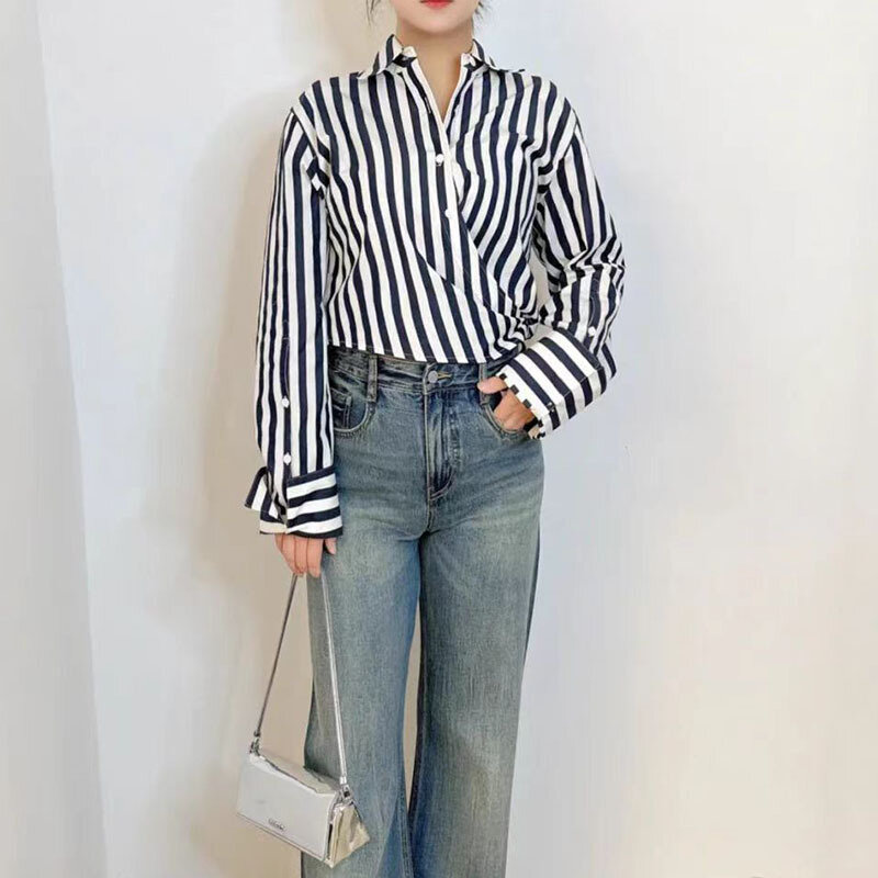 Striped Wrap Cropped Top Cotton Blended Blouses Long Sleeve Short Shirt 2024 Spring/Summer New in Casual Woman Clothing