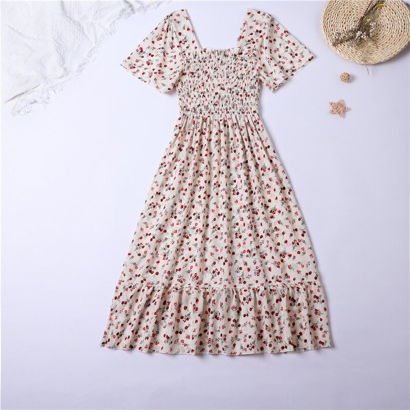 Spring Summer Chiffon Dress Women Midi DressesFemale Short Sleeve Elastic Waist Printed Floral Pleated Backless Casual Dress