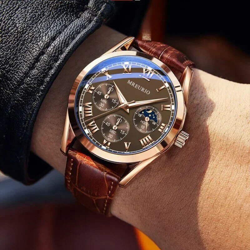 Luxusmarke Uhr Männer Quarzuhren Leder armband gefälschte drei Augen Mode Business Armbanduhren Drops hipping часы мужские reloj