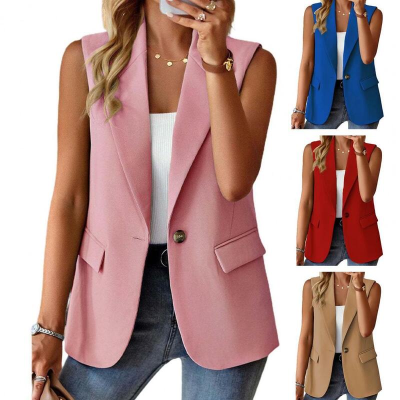 Elegante colete de lapela para mulheres, colete com bolsos de aba, casaco de botão único, primavera e verão
